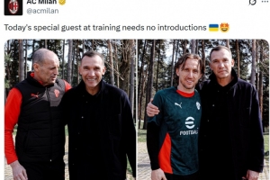 金球先生来探班，，，，，米兰官推晒舍甫琴科与莫德里奇、阿莱格里合照_24直播网