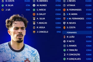 葡萄牙队总身价9.95亿欧，，，，内维斯、维蒂尼亚1.1亿欧队内最高_24直播网